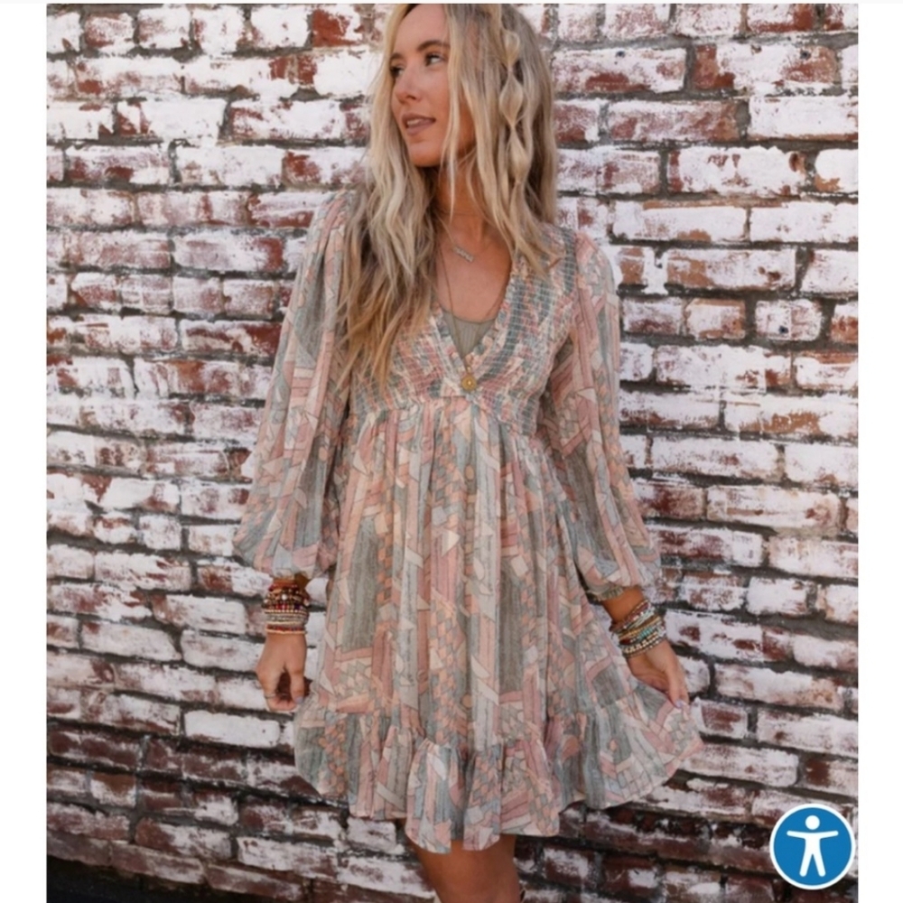 NEW Three Bird Nest "Colors Of The Wind" Balloon Sleeve Mini Dress Size Small